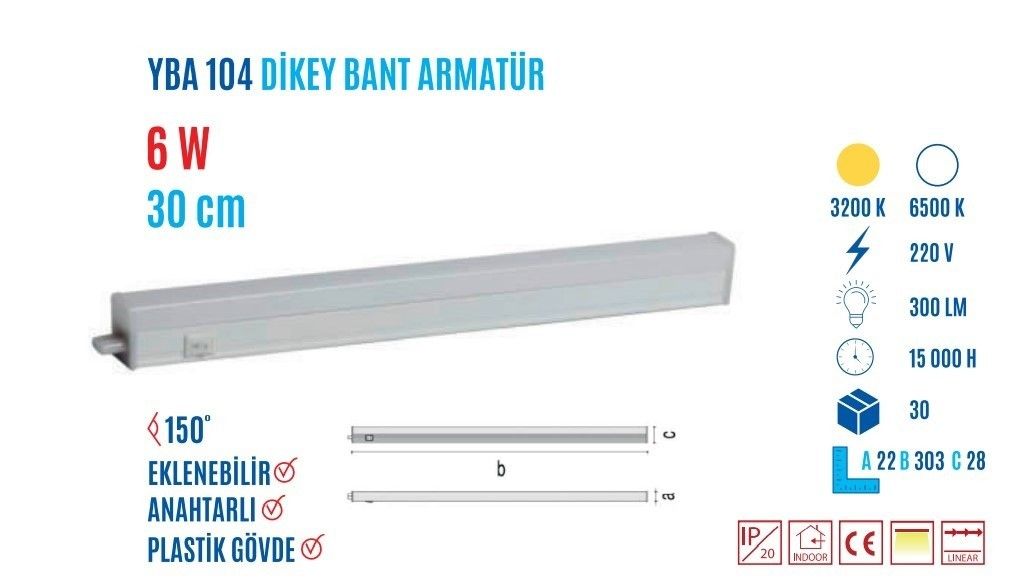 YCL YBA-104B 6W 30cm Beyaz Led Bant Armatür