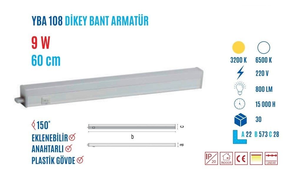 YCL YBA-108B 9W 60cm Beyaz Led Bant Armatür