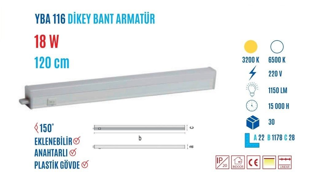 YCL YBA-116G 18W 120cm Günışığı Led Bant Armatür