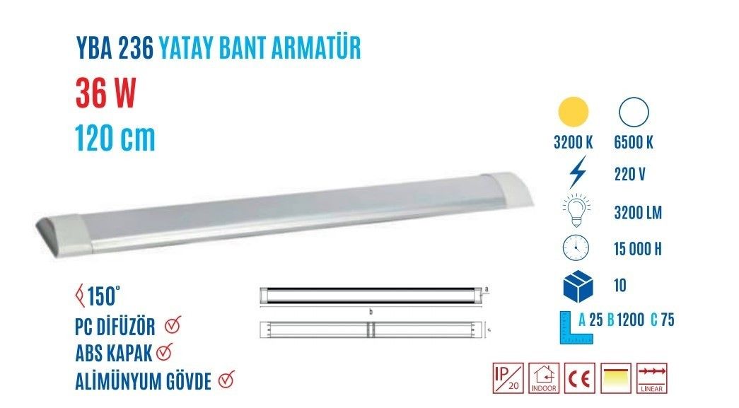 YCL YBA-236G 36W 120cm Günışığı Yatay Bant Armatür