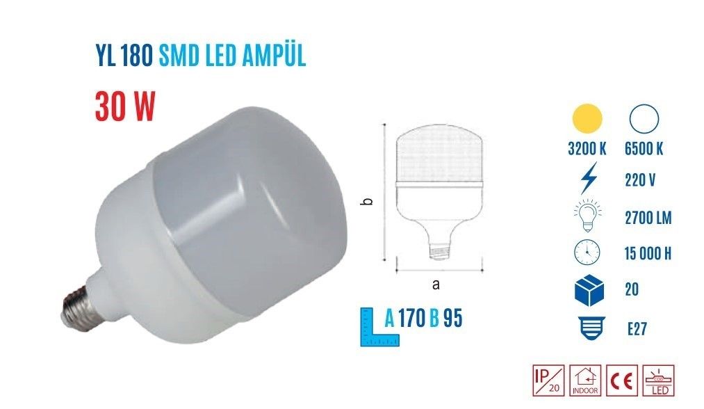 YCL YL-180G 30W E27 Gunışığı Pvc Led Ampul