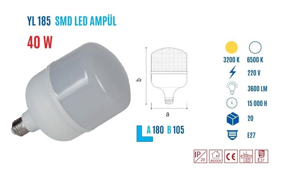 YCL YL-185B 40W E27 Beyaz Pvc Led Ampul