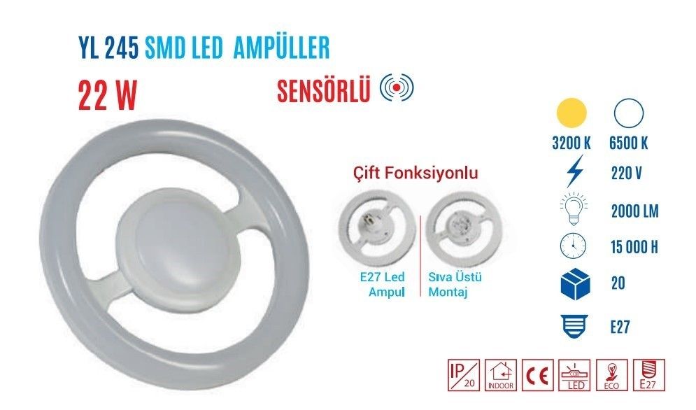 YCL YL-245G 24W E27 Sensörlü Günış Led Simit Ampul