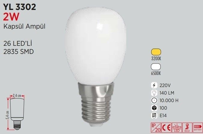 YCL YL-3302B 2W 220V E14 Led Kapsül Beyaz