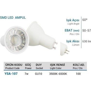 YCL YSA-107B 7W GU10 Beyaz Smd Led Çanak Ampul