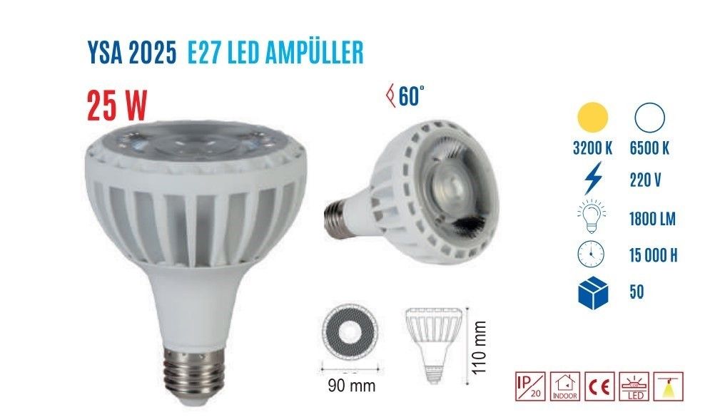 YCL YSA-2025G 25W PAR30 Led Ampul E27 Günışığı
